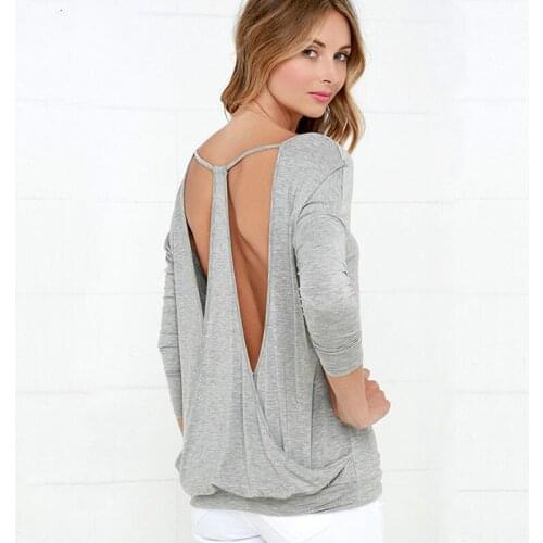 Sexy Backless Hollow Out Tee Shirt Women Fashion Long Sleeve V Neck Basic T-shirt Female Tee Tops Women Clothing