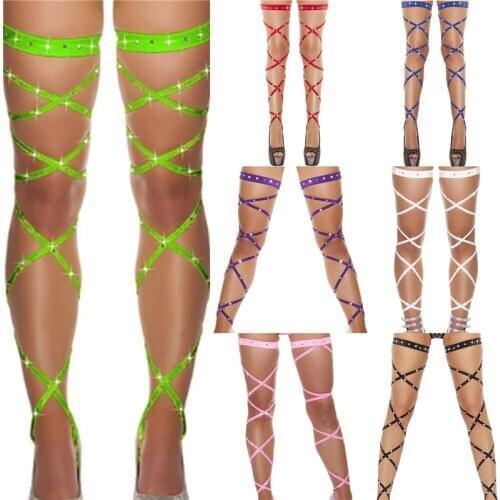 Sexy Women Bandage Fishnet Stockings Thigh-High Crystal Studded Thigh High Leg Rave Wraps Strappy Rhinestone Tights