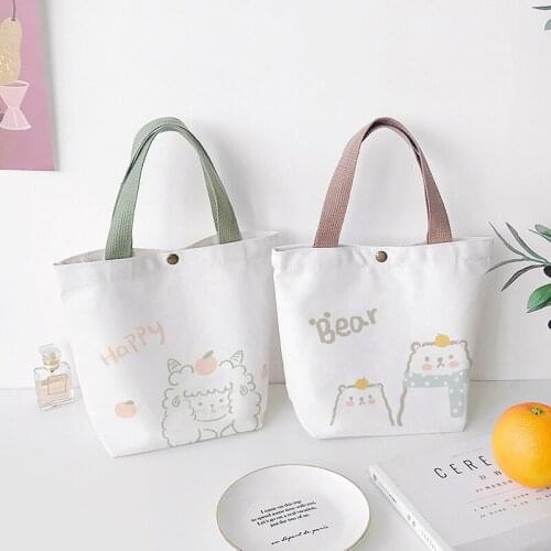 Japanese Style Fresh Shopping Pocket Lunch Box Lunch Bag Girls' Handbag Canvas Bag Cartoon Bear Cat Simple Modern Cute Buggy Bag