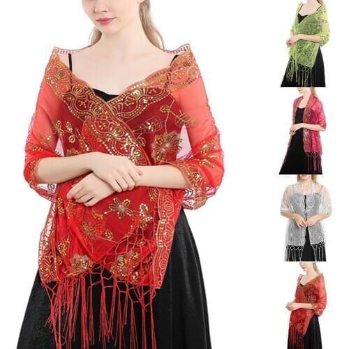 Bridal Wedding Sequin Lace Shawl Women Party Illusion Chiffon Wrap Female Shiny Glitter Stole Singer Club Scarf with Tassel