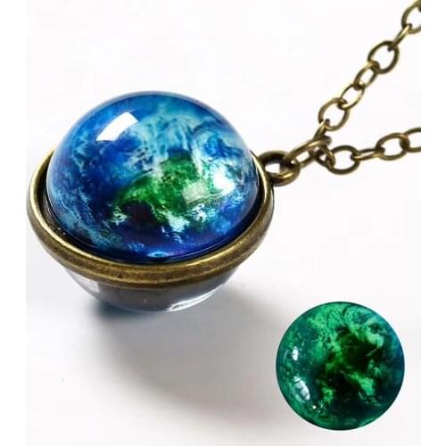 Universe Planet Earth Glass Luminous Double-Sided Retro Pendant Necklace For Women Men Galaxy Nebula Cosmic Art Picture Jewelry