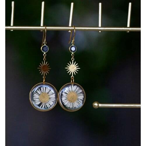 Deep Blue Sky Daisies Earrings | Real Flower Studs | Floral Earrings Sun Celestial Statement Earrings
