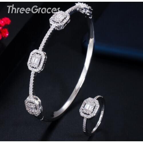 ThreeGrace Luxury Silver Color CZ Clean Crystal Charms Stackable Bangles Rings Sets Ladies Wedding Party Designer Jewelry JS130
