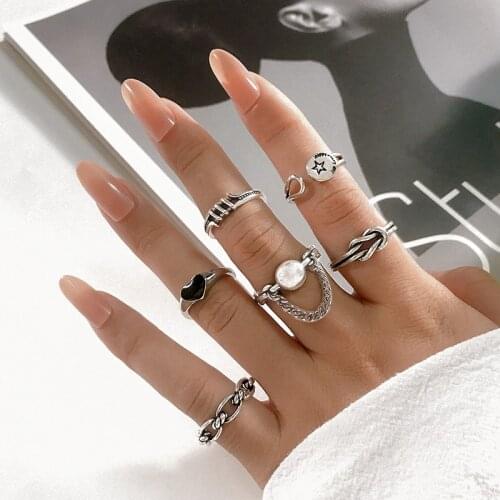 Vintange Silver Color Knuckle Rings For Women Men Trendy 2021 Korean Love Heart Smile Chains Open Finger Ring Streatwear Jewelry
