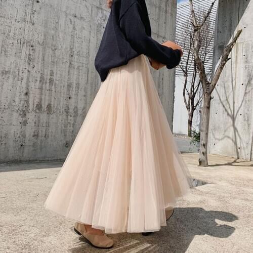 Women Skirt Fashion 2020 Summer A Line Ankle Length Elastic Waist Sun Tulle Mesh Long Skirt Relax Casual Street Wear Harajuku