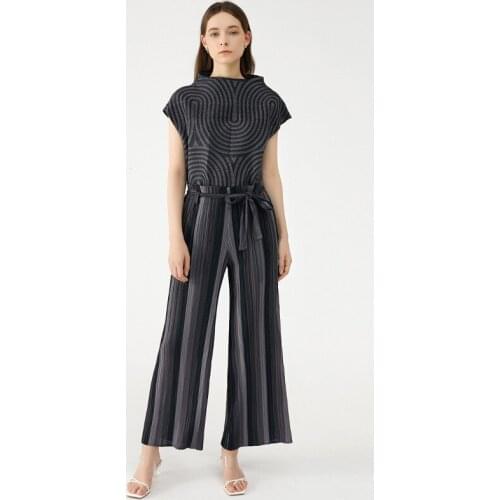 Issey Miyake pleated womens trousers design temperament pleated striped print draped high-waisted wide-leg pants loose pants