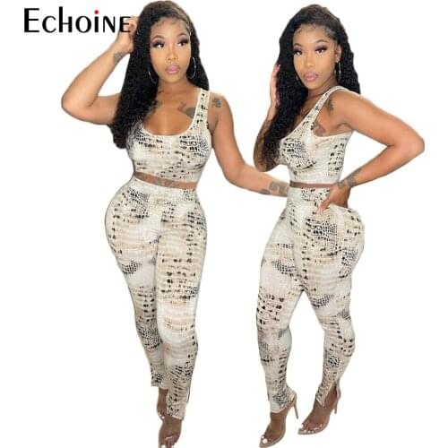 Echoine Women Summer Sexy Crocodile print 2 Piece Set Off Shoulder Vest top and Split pants Outfits Tracksuit Club Matching Sets