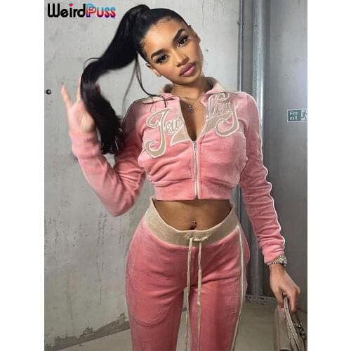 Weird Puss Women Tracksuit Embroidery Letter Velvet 2piece Set Fitness Zip Sweatshirt+Sporty Sweatpants Matching Activity Outfit