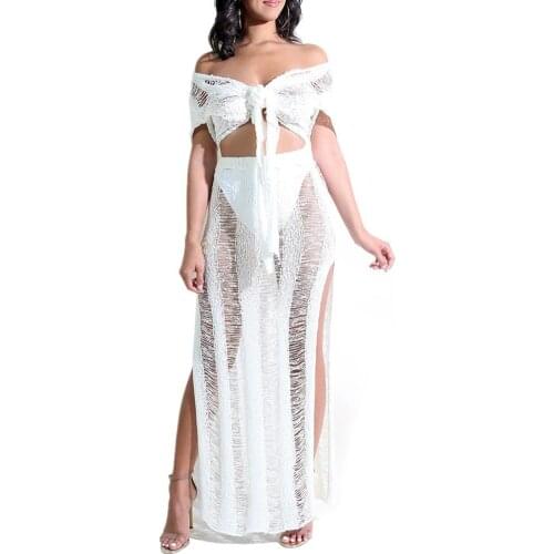 Women Summer V-Neck Hollow Out Knit Two Piece Set Short Sleeves Crop Top And Maxi Skirt Women Beach Two Piece Set Club Outfit