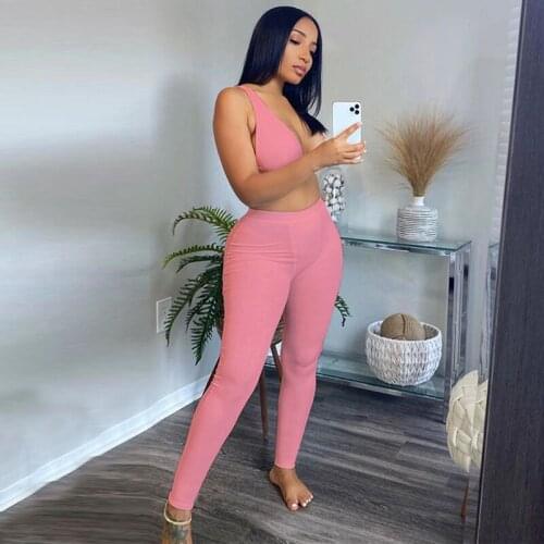 Sexy Sport Fitness Knit Ribbed Women Tracksuit Crop Tank Top + Long Pants Has Stretch Streetwear Outfits