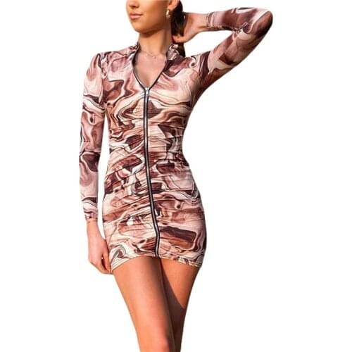 Women Casual Ruched Bodycon Dresses Summer 2021 Sexy V-Neck Long Sleeve Zipper Mini Dress Y2k 90s E-Girl Retro Vintage Dress