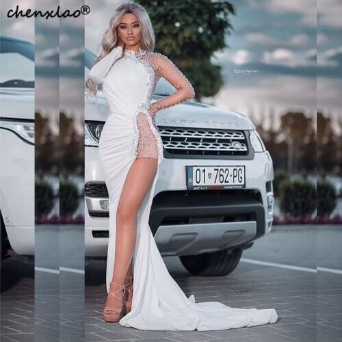 New White Evening Dress Asymmetrical High Collar Full Sleeves Split Beaded Court Train Evening Dresses Long Vestidos