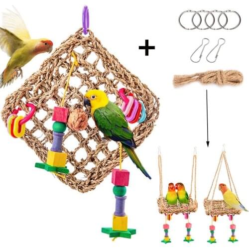 18x18cm/7.1x7.1" Bird Climbing Net Woven Seagrass Parrot Toys Hanging Bird Swing Biting Foraging Hemp Rope Chewing Training Tool