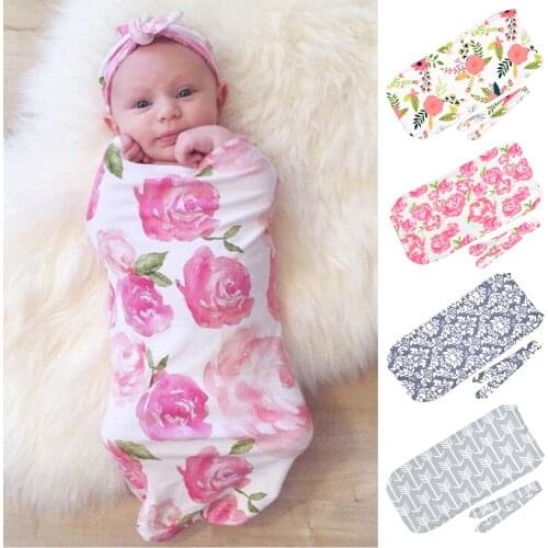 Baby Blankets Printed Flower Newborn Sleeping Bag Newborn Infant Baby Boys Girls Sleeping Swaddle Muslin Wrap +Headband 2PCS