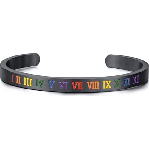 2021 LGBT Fashion Stainless Steel Rainbow Roman Numeral Bracelet Steel Color Open Metal Charm Bracelet For Men And Women