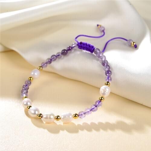 4mm Natural Pearl Purple Amethysts Quartz Crystal Beads Bracelet Agates Bangle Rope Chain Women Female Lady Gifts 7.5inch Y958