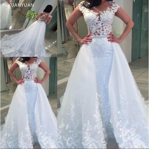 White Lace Tulle Wedding Dress Sleeveless Sheer Neck Illsion Back Beading Pears Belt Custom Made Bridal Dress New Arrivals Longo