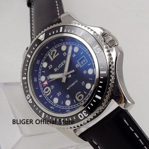 44mm BLIGER black dial ceramic rotating bezel luminous marks date adjust MIYOTA automatic movement mens wrist watch B120