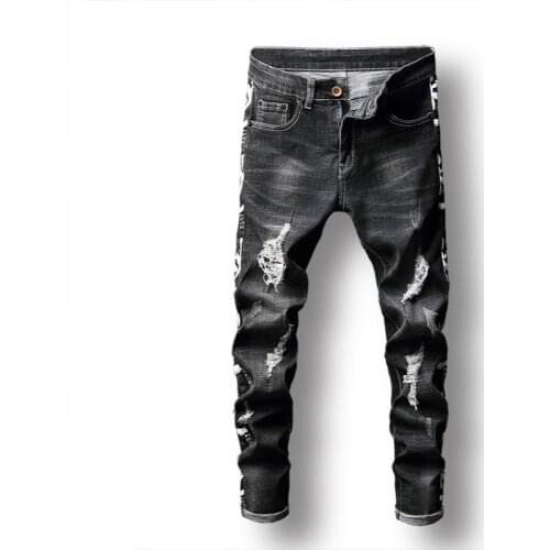 Black Ripped Jeans Mens Stretch Tight Pencil Pants Letter Printed Denim Trousers Fashion Trendy Beggar Pants