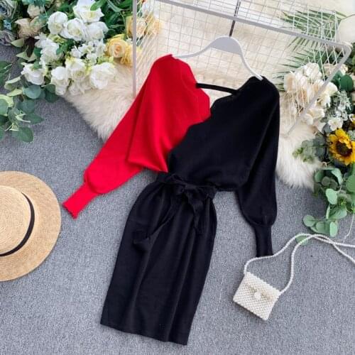 Elegant Sashes V Neck Knit Dress Women 2020 Sexy Backless Autumn Long Sleeve Sweater Dress Ladies Bodycon Short Dress