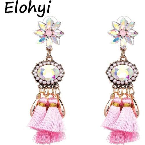 ELOHYI Ethnic Bohemia Tassel Dangle Statement Flower With Fringe Drop Earrings For Women Antique Oorbellen Jewelry For Women