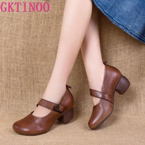 GKTINOO 2021 Spring Autumn New Retro Genuine Leather Platform Shoes Womens Pumps High Heel Soft Bottom Shoes Women Designers