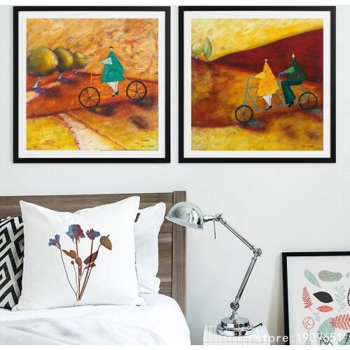 Cotton no frame pastoral cartoon man ride bicycle canvas printings oil painting printed on cotton wall art decoration picture