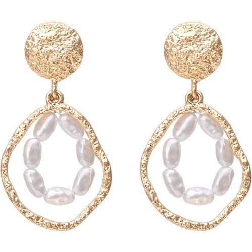 Korean Earrings Elegant Matte Metal Gold Earrings Geometric Irregular Natural Fresh Water Pearl Drop Earrings for Women Girl