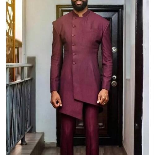 Burgundy Mens Suit Elegant for Wedding Groom Tuxedos with Stand Collar 2 Pieces Male Fashion Long Jacket Pants 2021