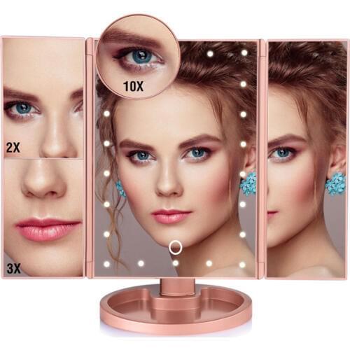 22 LED Light Touch Screen Makeup Mirror Table Desktop Makeup 3 Folding Vanity Mirror 1X 2X 3X 10X Magnifying Cosmetic Mirror