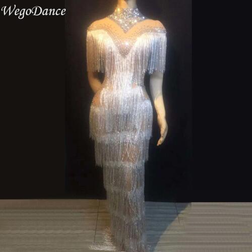 New Glisten Rhinestones Tassel Perspective Dress woman Singer Bar Birthday Celebrate Costume Mesh Long Dress freeshipping