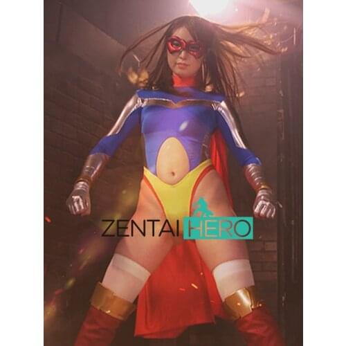 New Arrival Sexy Belly Hole Blue Lycra Gigalady Womens Bodysuit Zentai Catsuit Game Movie Fancy Dress Zentai Leotard with Cape