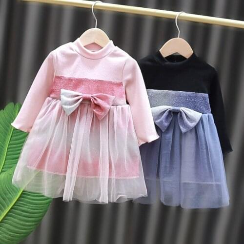 Autumn Fashion 2021 Blue Baby Girl Clothes Long Sleeve Dress For Girls FakeTwo-piece Girls Dress Child Clothing For 2-6 Age