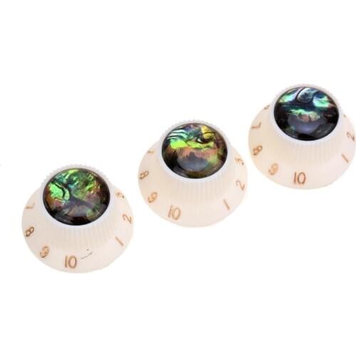 Musiclily Pro Plastic Metric Size Abalone Top Strat Knobs for Squier ST Style Guitar, Aged White (Set of 3)