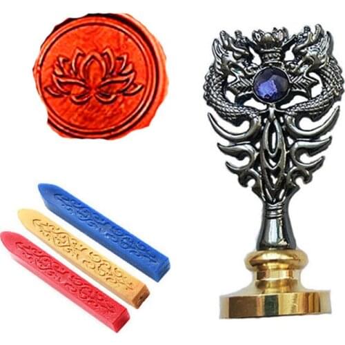 Signature Custom Wax Seal Stamp Kit Lotus Flower Leaf Metal Dragon Handle Vintage Wedding Invitations (Dragon black)