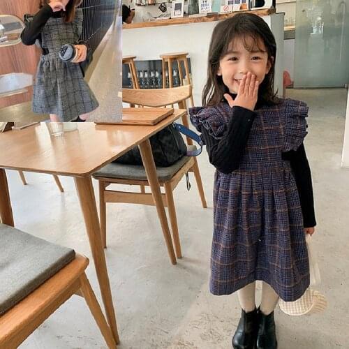 Girls Suit Woolen Korean Version Of The Vest Dress +Long Sleeves Bottoming Shirt 2020 Autumn Winter New Children Clothing Sets
