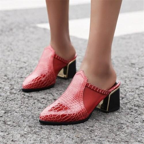 PXELENA 2020 Summer Slippers Chunky Block High Heels Mules Pointed Toe PU+Mesh Patchwork Daily Slides Lady Shoes Plus Size 34-43