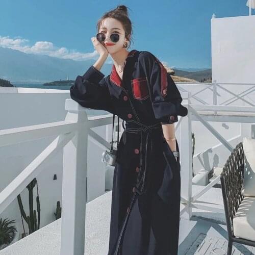 Navy Blue French Retro Long-sleeved Dress Womens Mid-length Section 2021 Spring New Temperament Was Thin Hepburn Dress Buttons