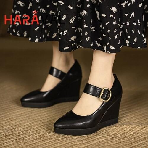 HARAVAL Women Pumps Shoes Elegant Mary Janes Wedges Office Lady Office & Career Summer Black Buckle Strap Pointed Toe B325