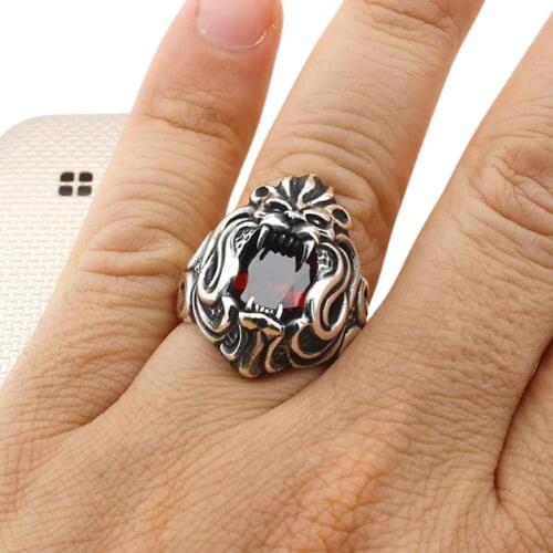 Sterling Silver Mens Ring, Zodiac Lion Men Ring with Red Zircon, African Lion Head Ring, Handmade Silver Ring Made in Turkey
