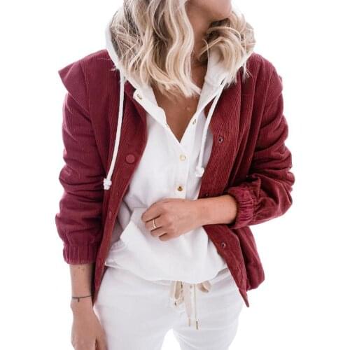 Plus Size Ladies Coat Long Sleeve Solid Color Hooded Jacket Single Breasted Turn-down Collar Ribbed Cuff Corduroy Casual Outwear