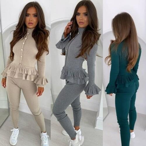 Women Solid Elegant Two Piece Suits Long Sleeve Ruffles Turtleneck Top and Skinny Pants Set Office Lady Gray Knitted Set Outfits