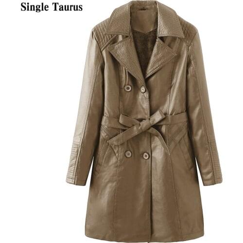 Winter Female Long Trench Coat Imitation Leather Double Breasted Button PU Lady Plus Velvet Designer Clothes Belt Coat Women