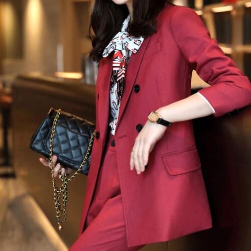Korean office two piece suit skirt suit autumn and winter elegant long sleeve loose jacket pants two piece womens suit purple