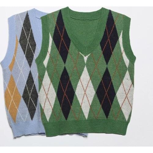 SHEROUSE Women Fashion Knitted Argyle Tank Top Sleeveless V-Neck Vintage Female Sweater Vest Chic Tops