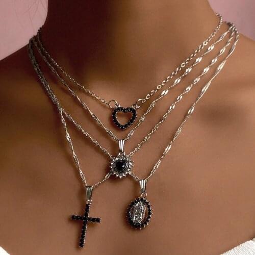 Punk Bling Black Crystal Rhinestone Heart Cross Necklace For Women Multi-layer Silver Color Metal Twist Chain Choker Gift Jewely