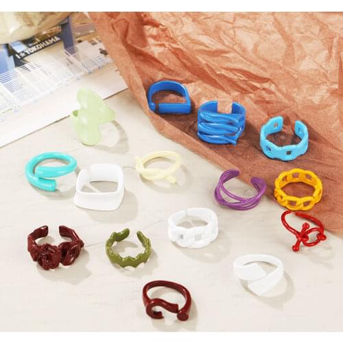 2021 New Trendy Hand-painted Candy Color Dripping Oil Geometric Chain Rings for Women Multicolor Irregular Open Rings Jewelry