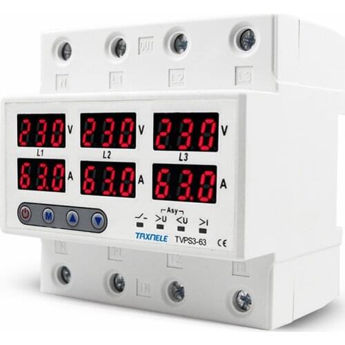 3 Phase 380V Din rail Voltmeter Ammeter adjustable Over and Under Voltage current limit protection Monitor Relays Protector
