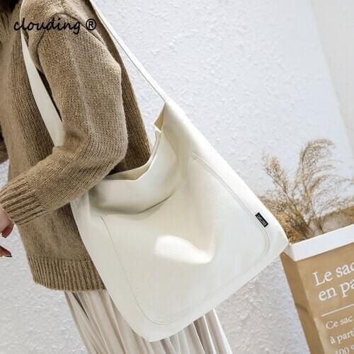 White Womens Canvas Bag, Large Capacity Shopping Bag, Fashionable Simple, Snap Button One Shoulder Diagonal Bag for Ladies