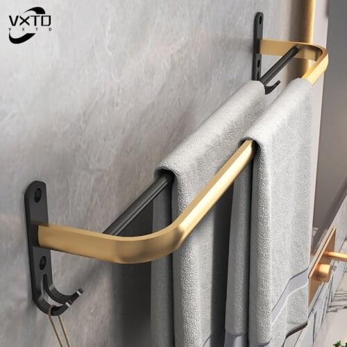 Punch-Free Black Gold Space Aluminum Wall-Mounted Towel Holder Bathroom Accessories Hook Shower Rack Organizer Hanger
